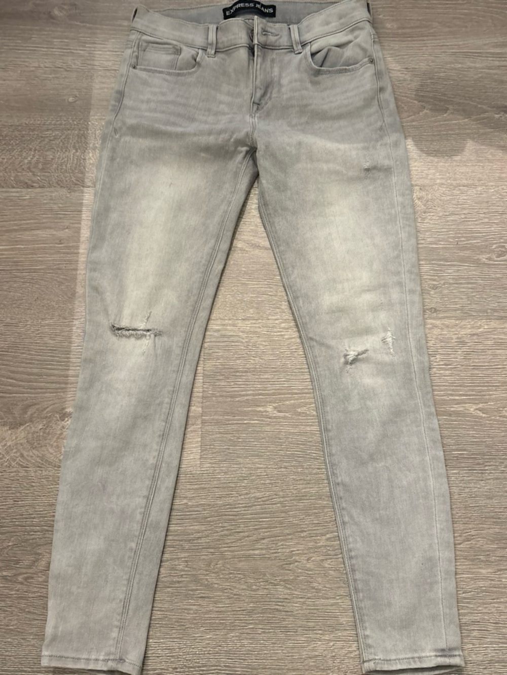 Express Women’s Light Gray Skinny Jeans with Knee Distress